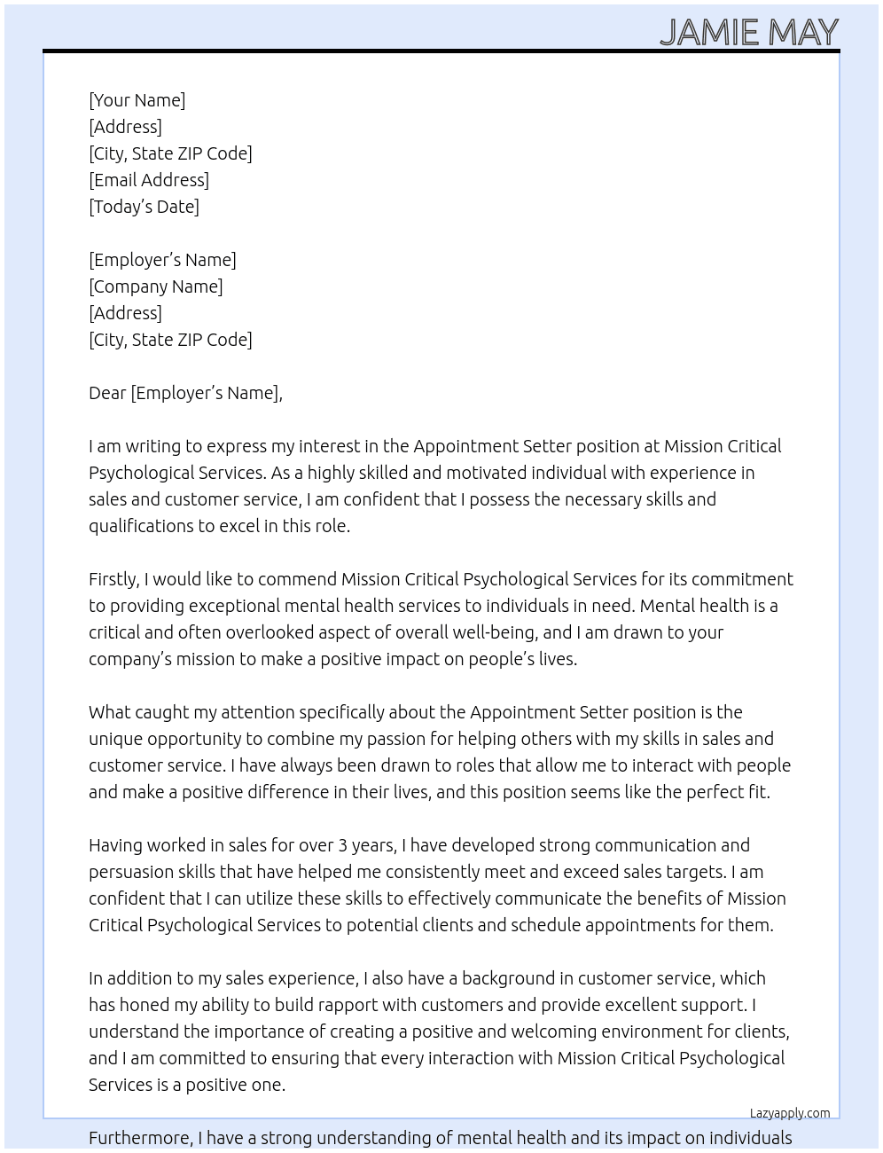 Appointment Setter At Mission Crtical Psychological Services Cover Letter
