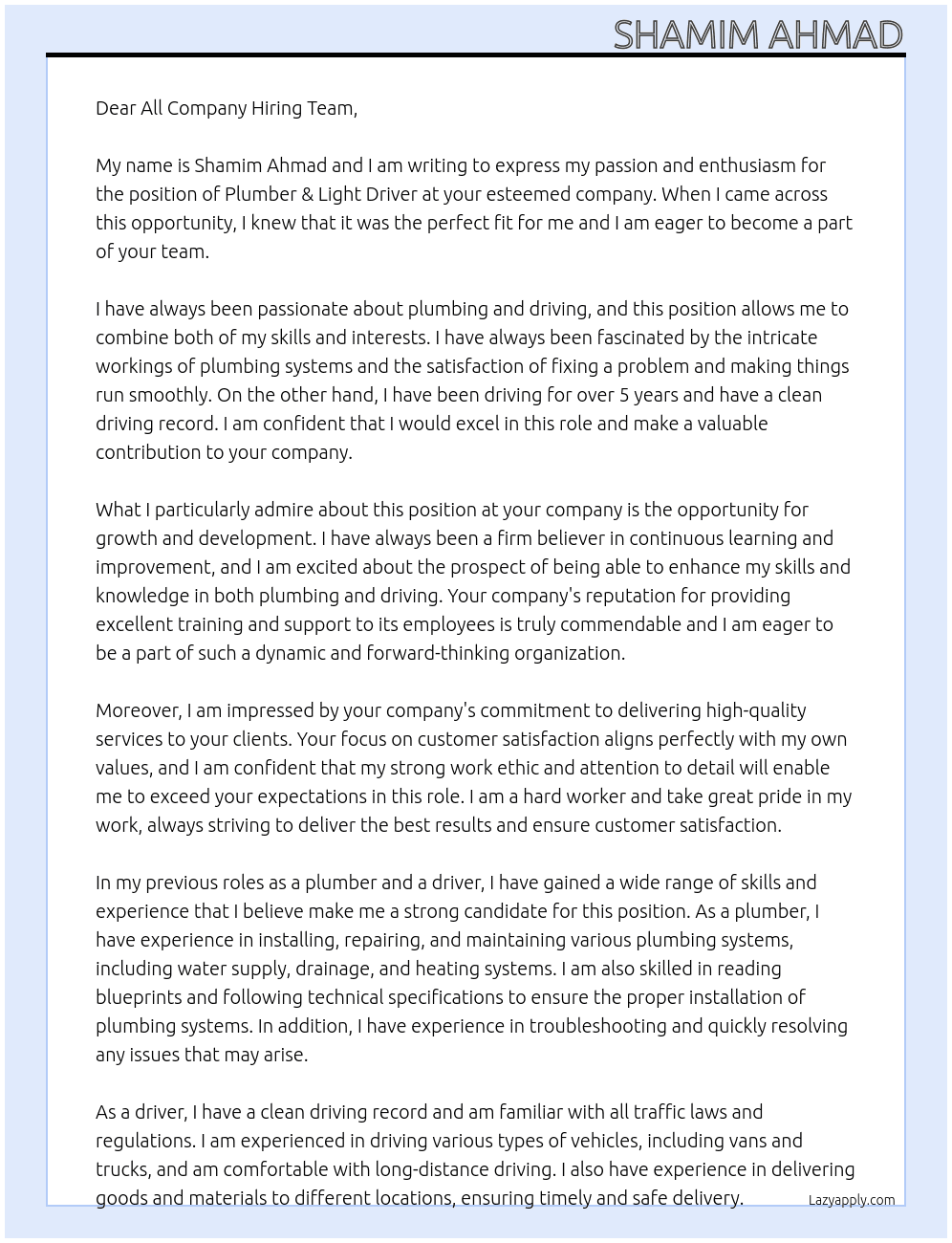 Cover letter for plumber & light driver - LazyApply