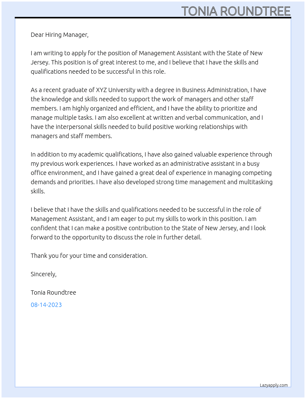 Management Assistant At State of New Jersey Cover Letter