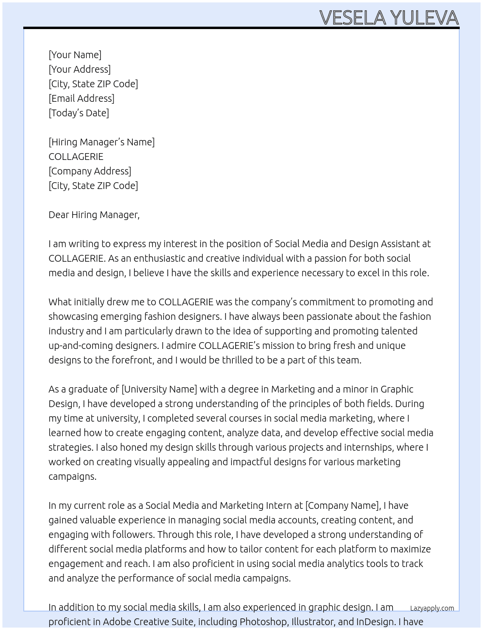Social Media and Design Assiistant At COLLAGERIE Cover Letter