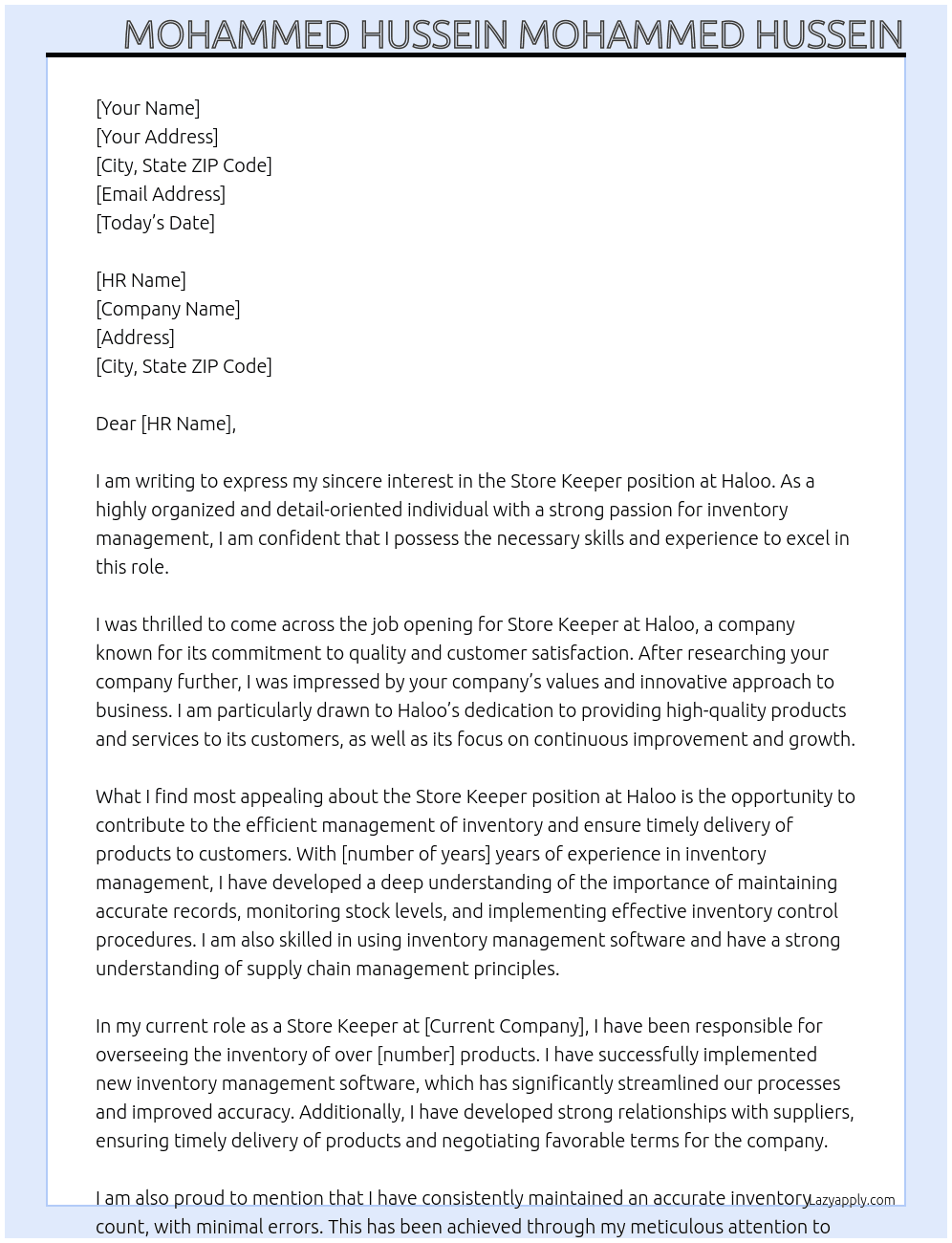 Store keeper At Haloo Cover Letter