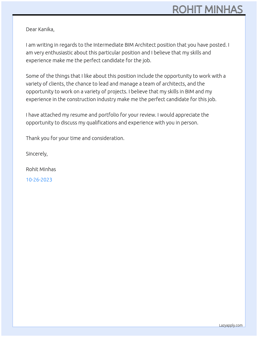 Intermediate BIM Architect At Sanrachna BIM & Virtual Building Consultant Cover Letter