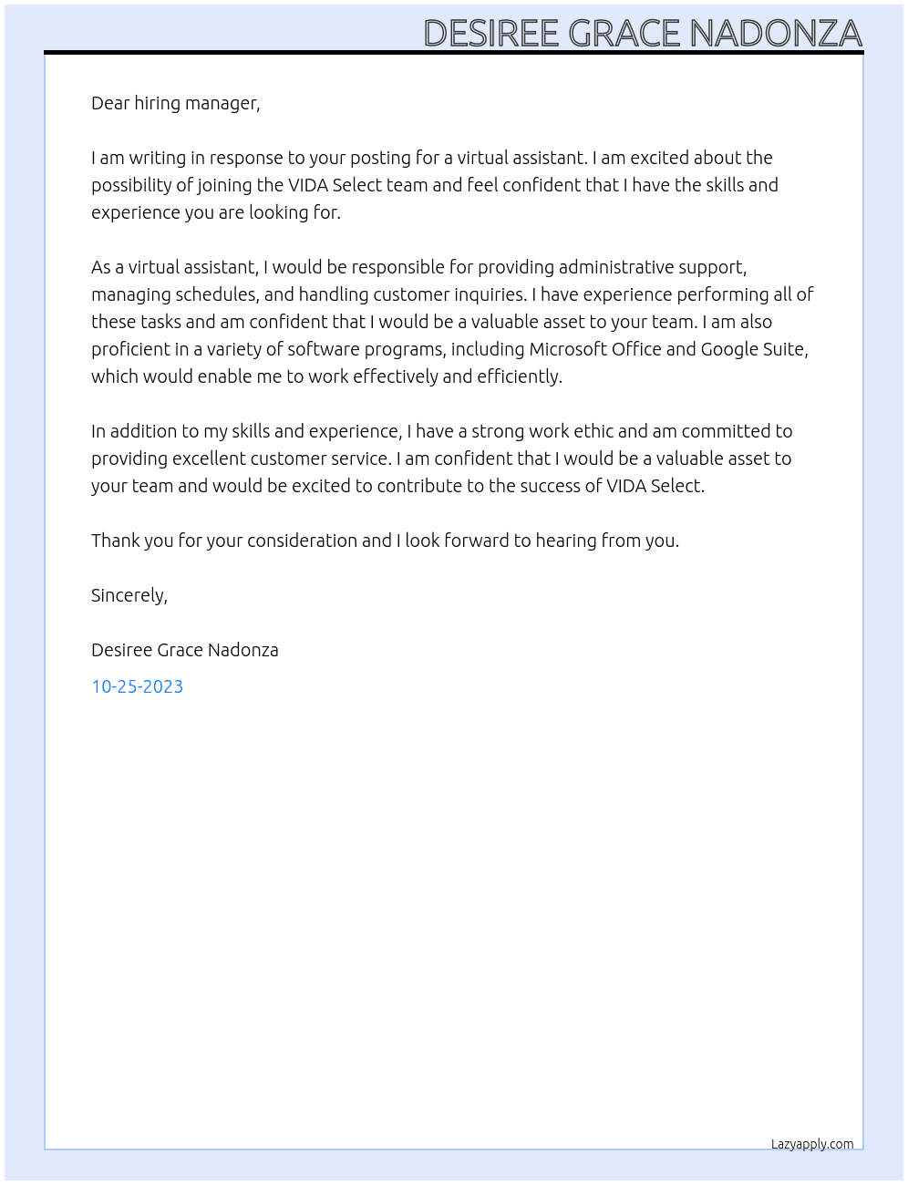 virtual assistant At VIDA Select Cover Letter