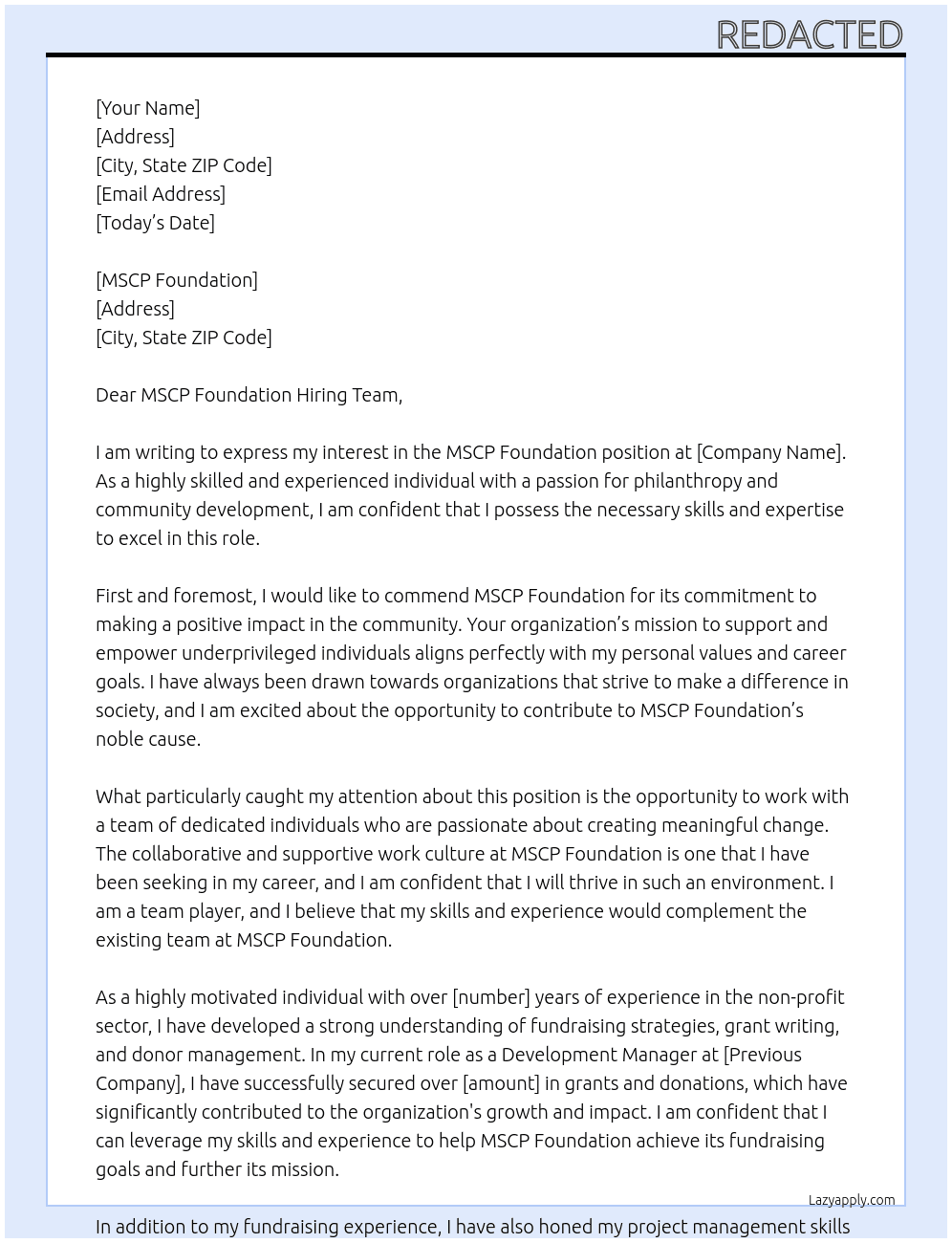 MSCP Foundation At REDACTED Cover Letter