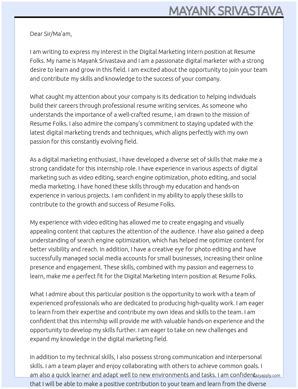 Digital Marketing Intern At Resume Folks Cover Letter