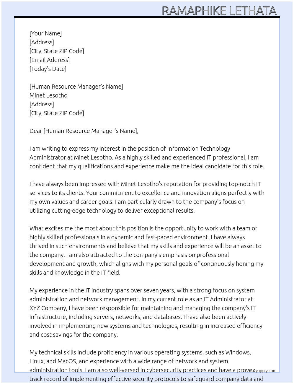 Information technology administrator  At Minet Lesotho Cover Letter