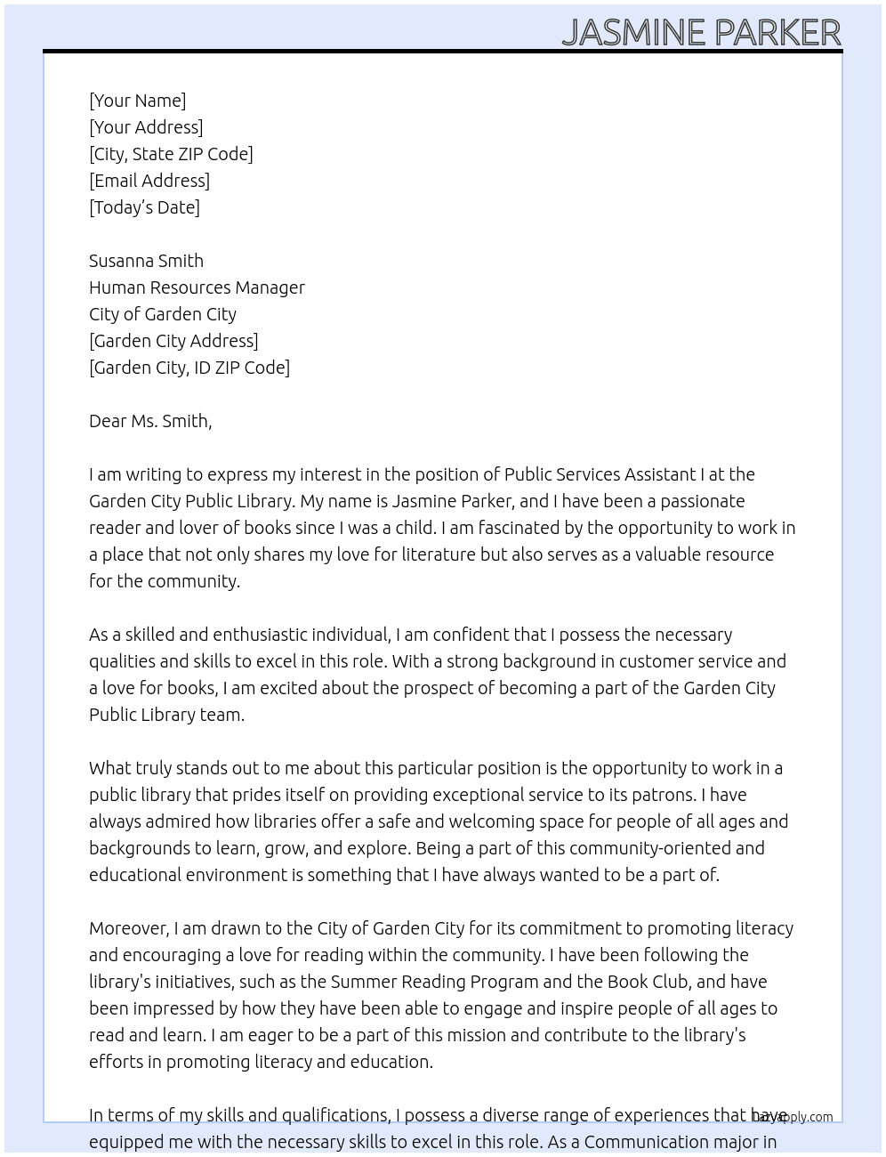 GARDEN CITY PUBLIC LIBRARY – PUBLIC SERVICES ASSISTANT I At City of Garden City Cover Letter