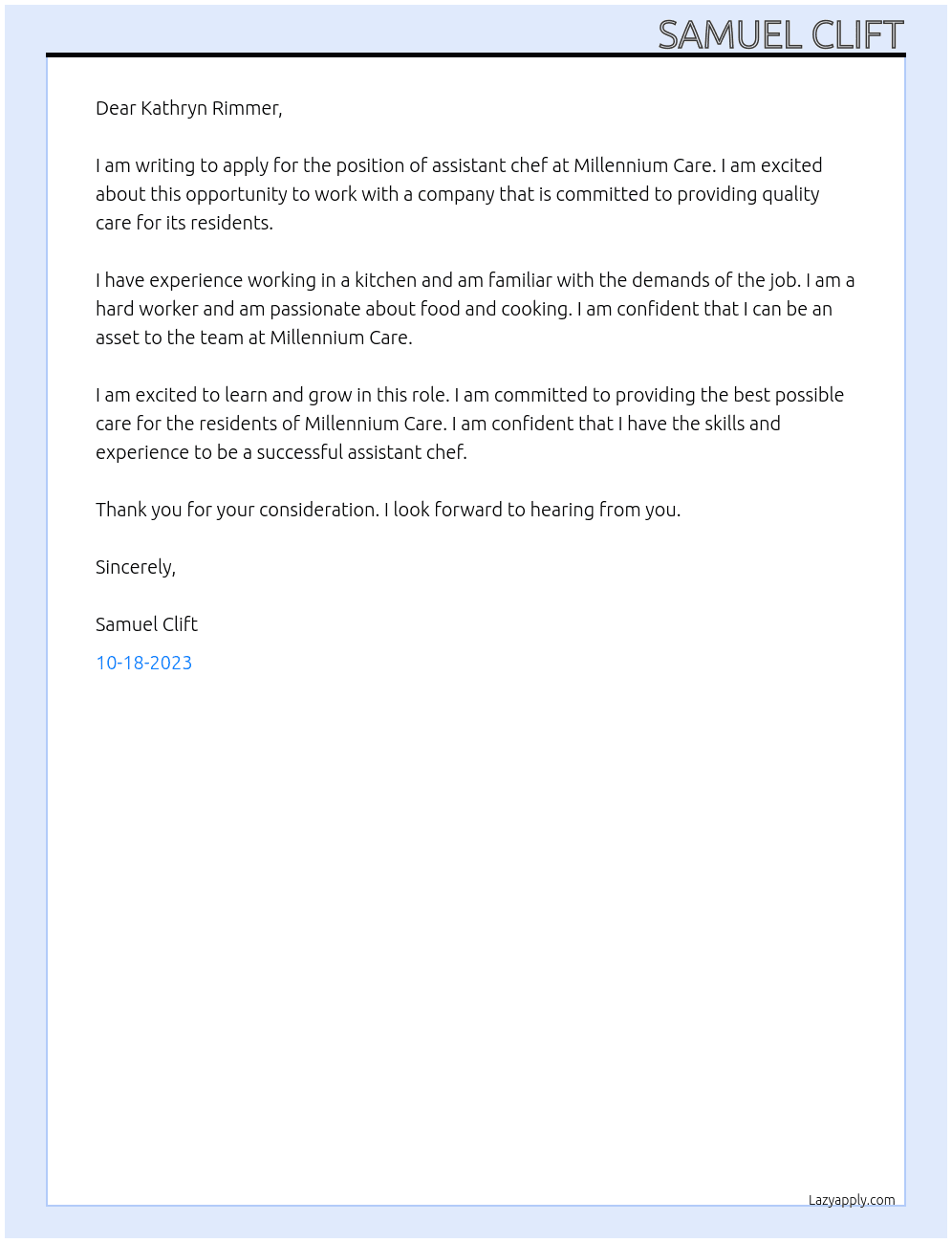 assistant chef At millennium care Cover Letter