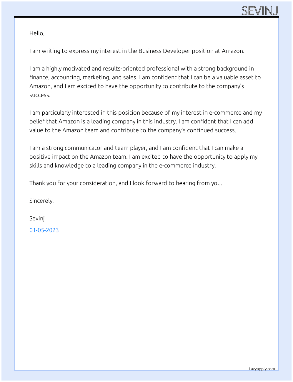 Business developer At  Amazon Cover Letter