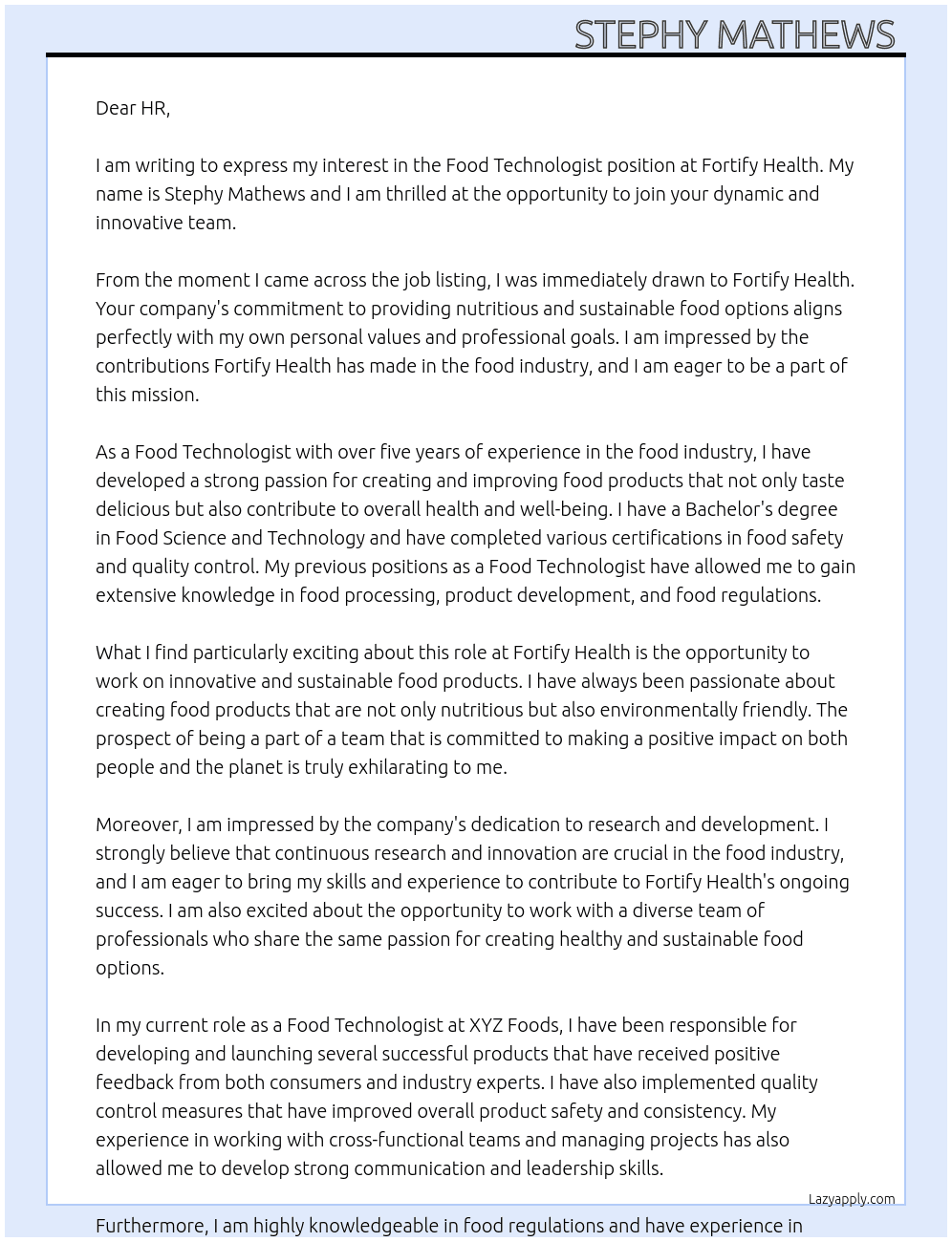Food Technologist At Fortify health  Cover Letter