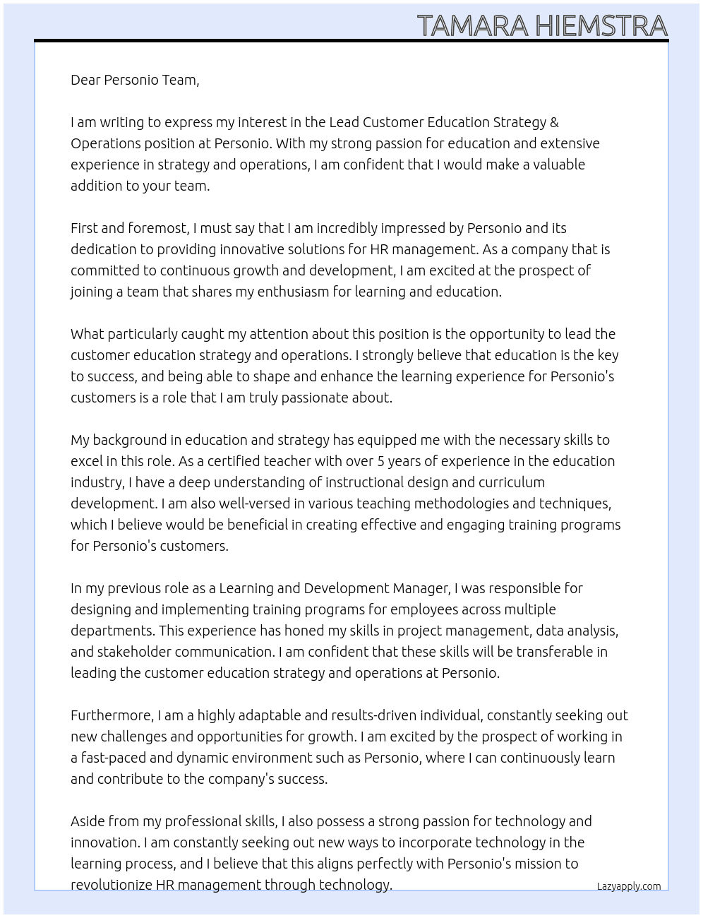 Lead Customer Education Strategy & Operations  At Personio  Cover Letter