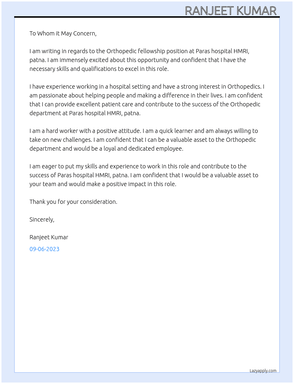 Orthopedic fellowship  At Paras hospital HMRI, patna Cover Letter