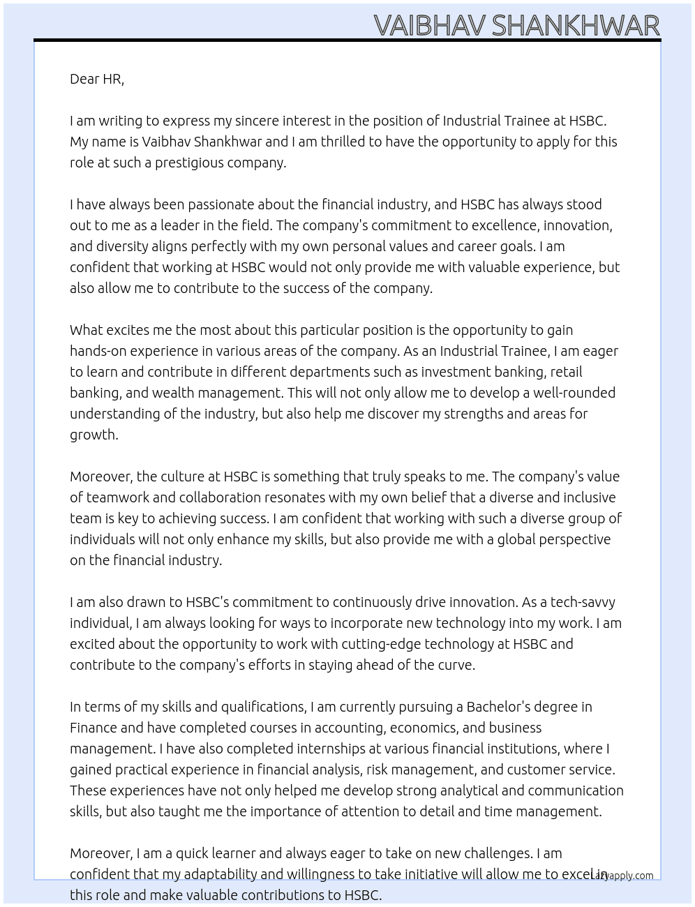industrial trainee At hsbc Cover Letter
