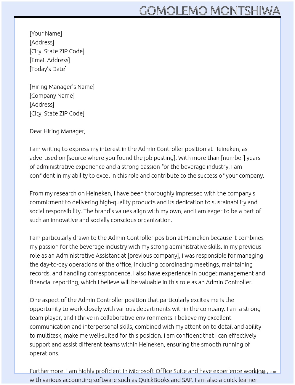 Admin Controller  At Heineken Cover Letter