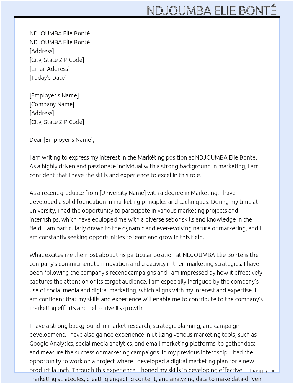 markéting  At NDJOUMBA Elie Bonté  Cover Letter
