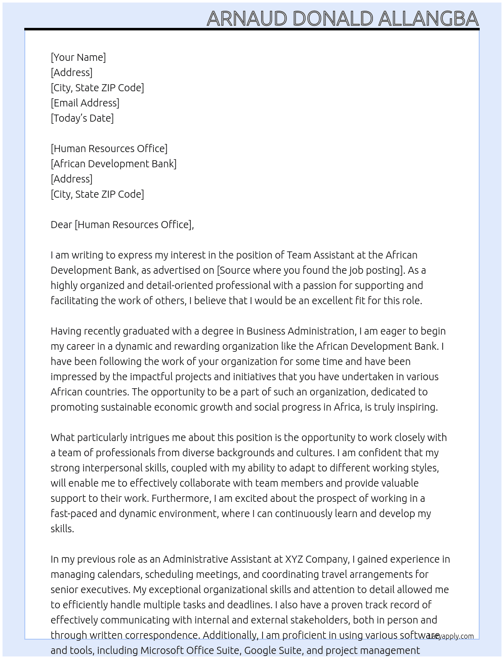 Team Assistant  At African Development Bank Cover Letter