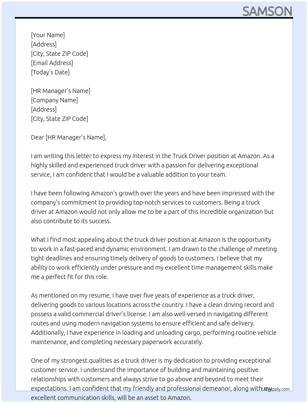 Truck driver At Amazon Cover Letter