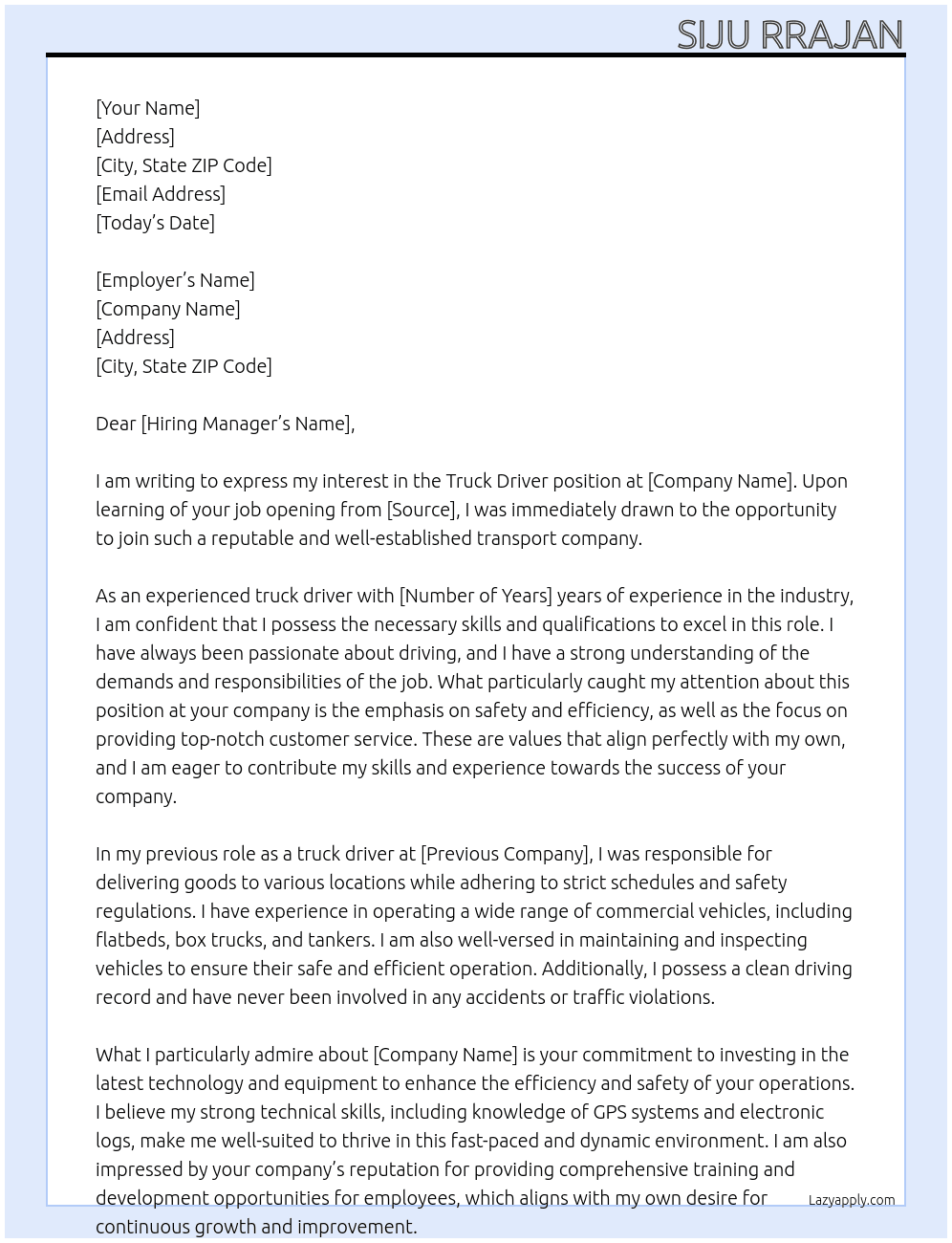 Truck driver At Transport company Cover Letter
