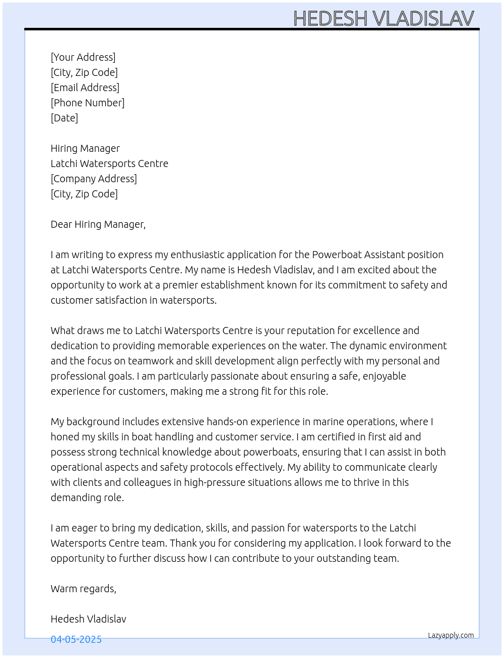 Powerboat assistant  At Latchi Watersports Centre Cover Letter