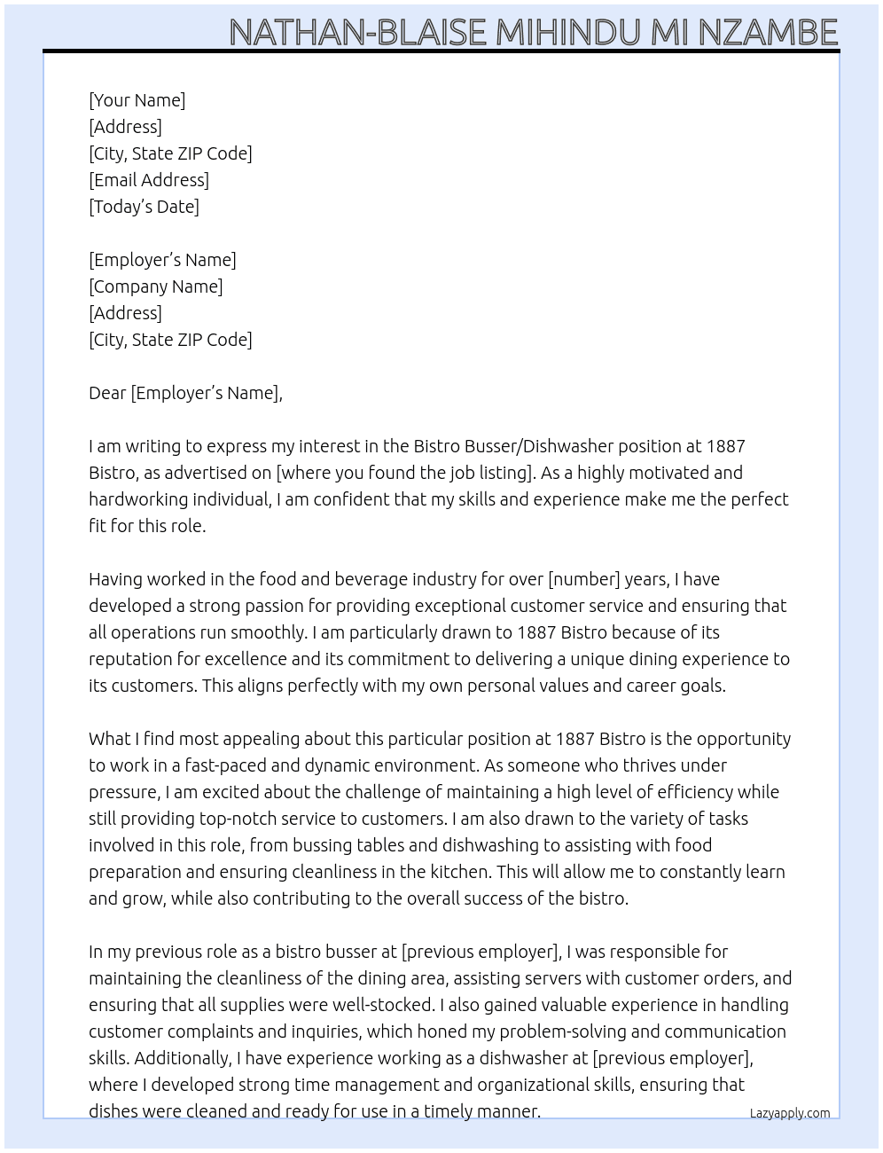 Bistro Busser/Dishwasher At 1887 Bistro Cover Letter