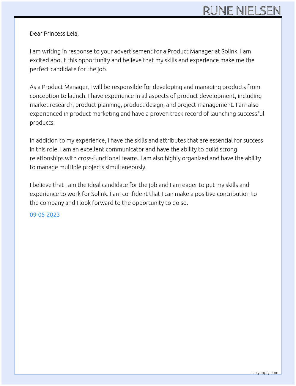 Product manager At Solink Cover Letter