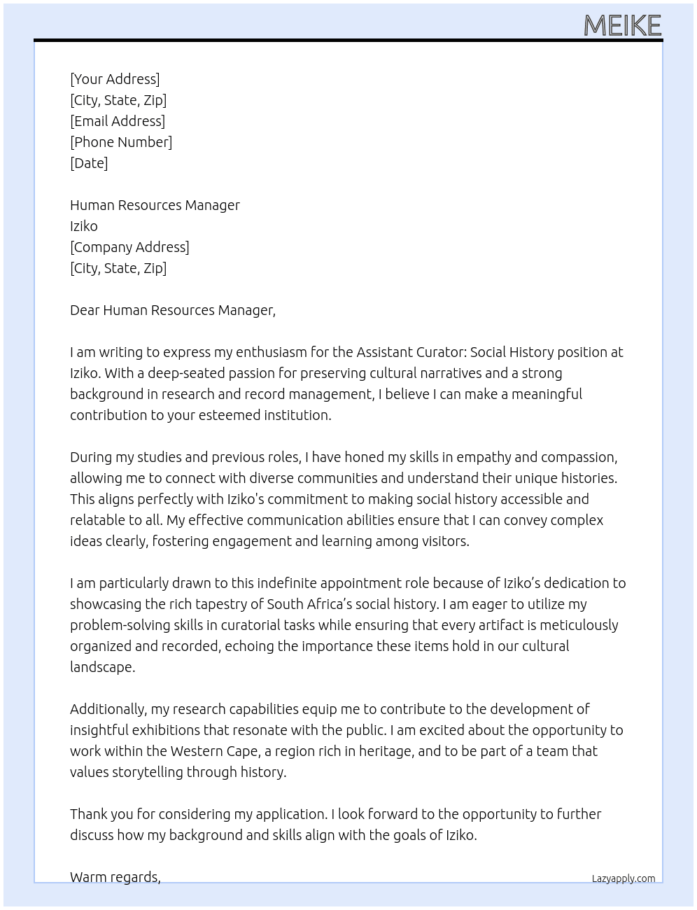 Cover letter for assistant curator: social history - LazyApply