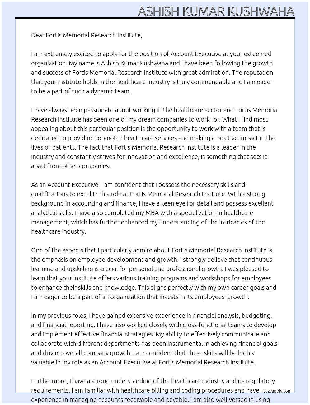 account Executive At Fortis Memorial Research Institute Cover Letter