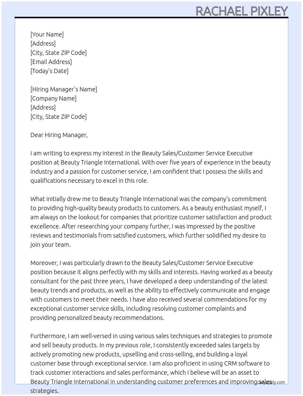 Beauty Sales/Customer Service Executive  At Beauty Triangle International  Cover Letter