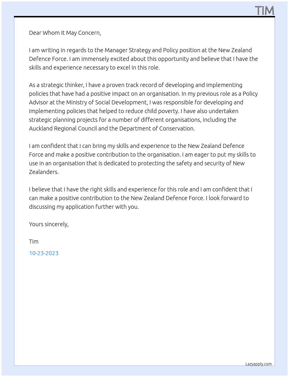 Manager Strategy and Policy At New Zealand Defence Force Cover Letter