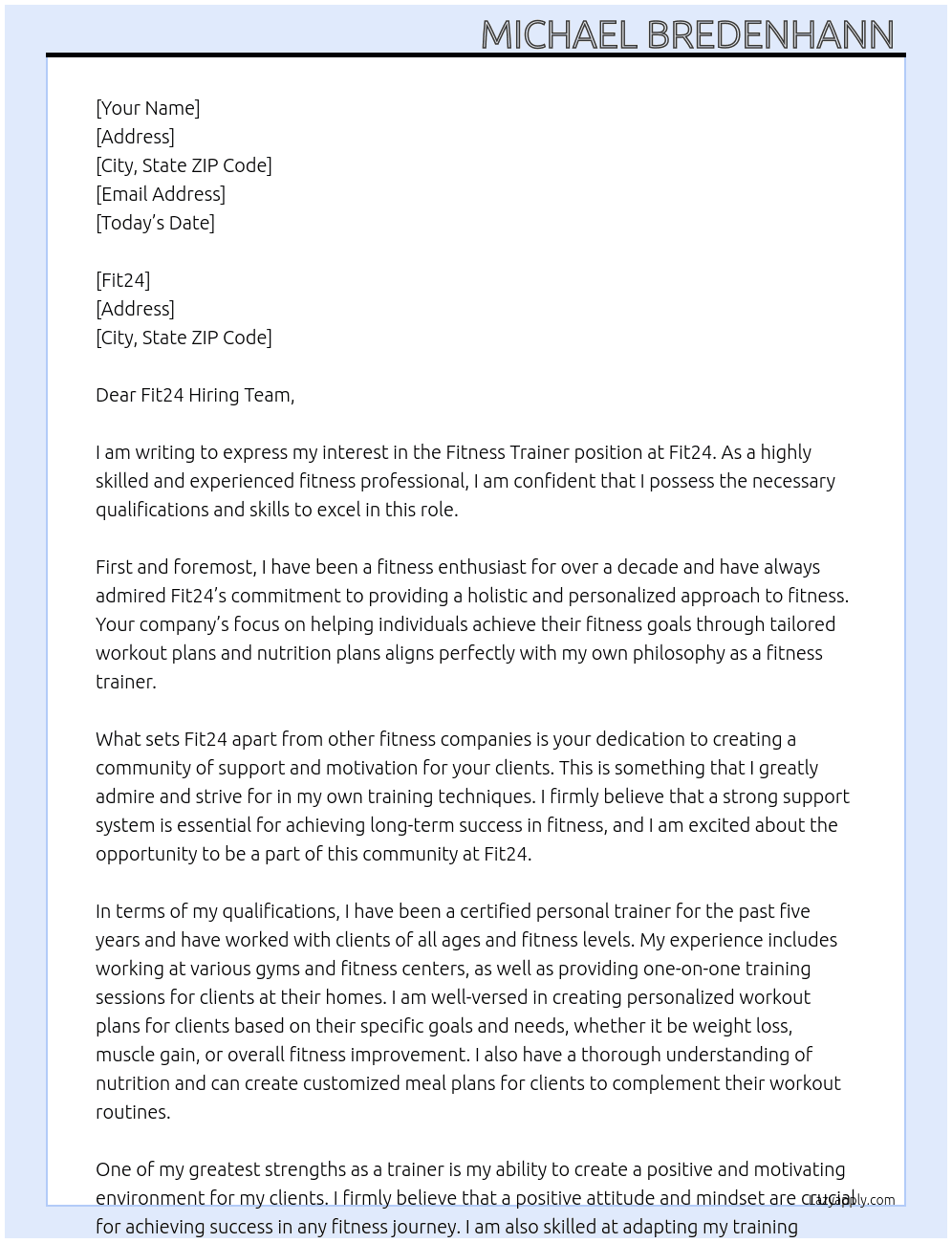 Fitness trainer At Fit24 Cover Letter