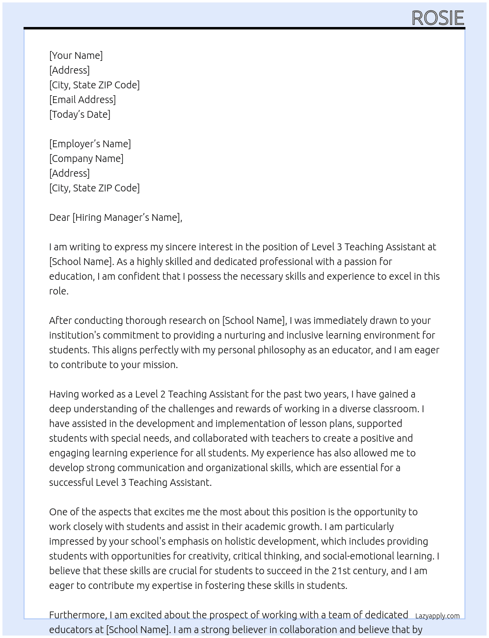 Cover letter for level 3 teaching assistant - LazyApply