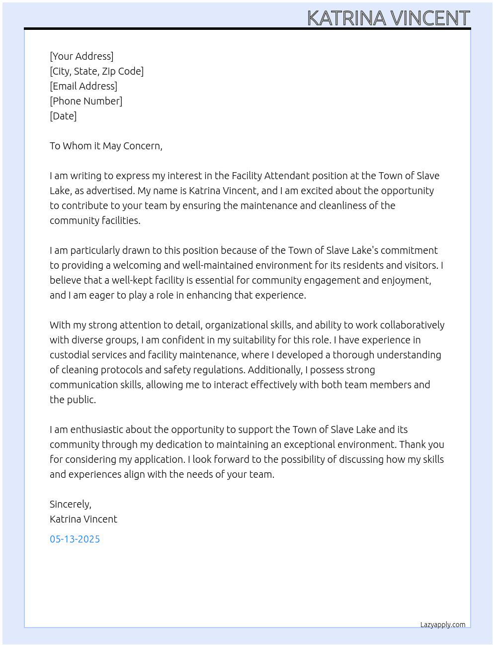 Facility Attendant  At Town Of Slave Lake Cover Letter