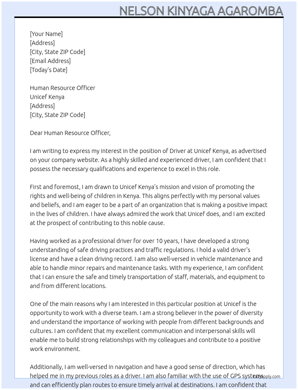 driver At Unicef Kenya Cover Letter