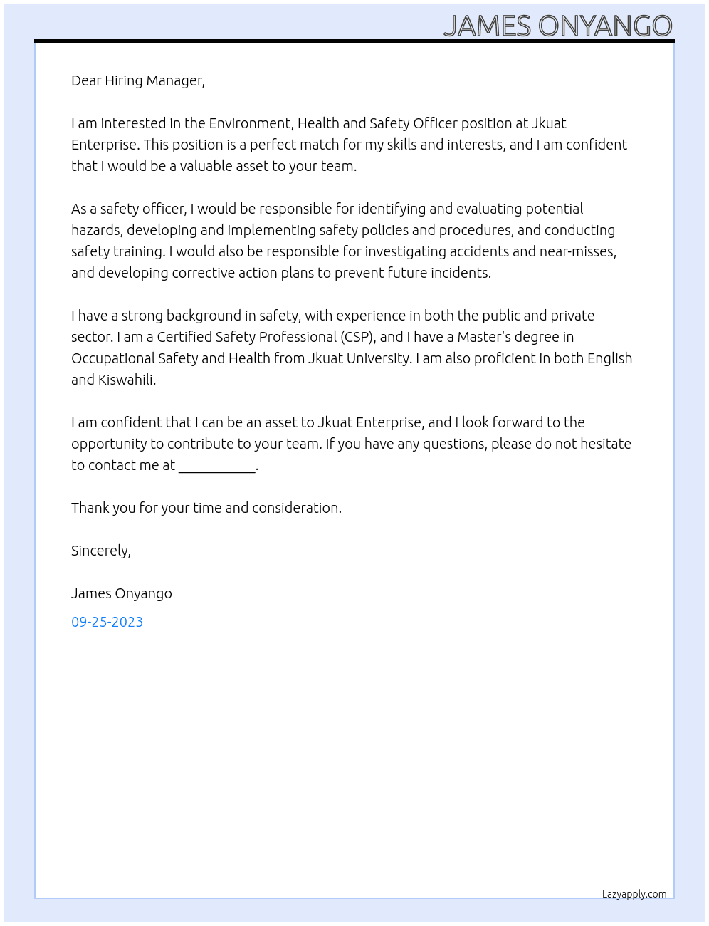 Environment, Health and safety officer At Jkuat Enterprise Cover Letter