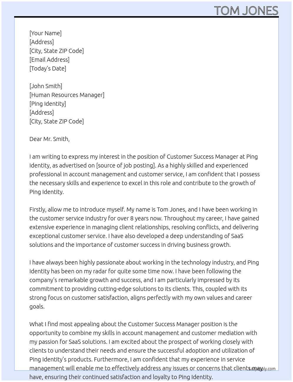 Customer Success Manager At Ping Identity Cover Letter