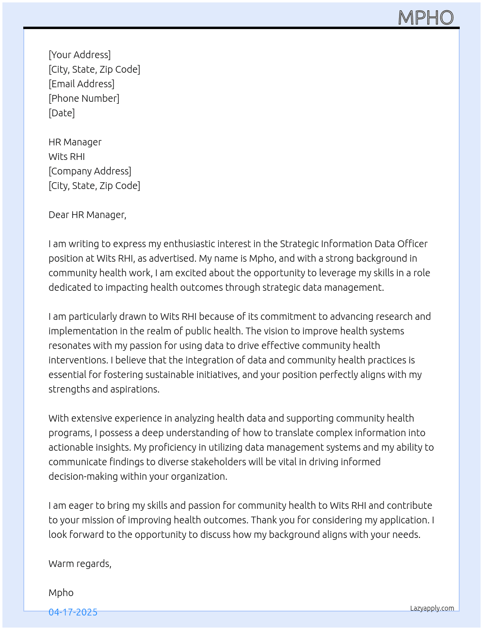 Strategic Information Data Officer At Wits RHI  Cover Letter