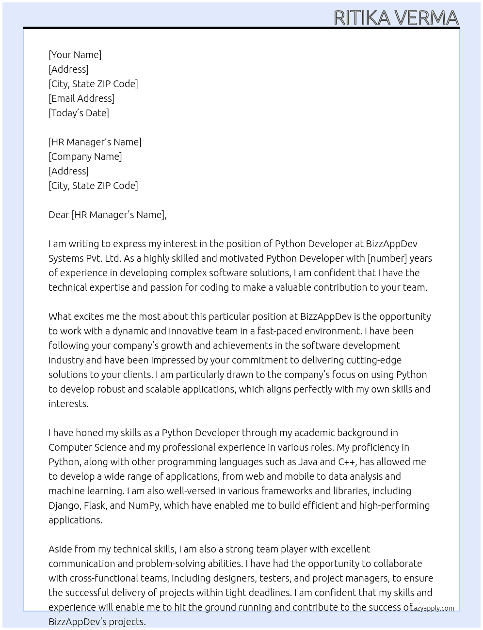 Python Developer At BizzAppDev Systems Pvt. Ltd. Cover Letter