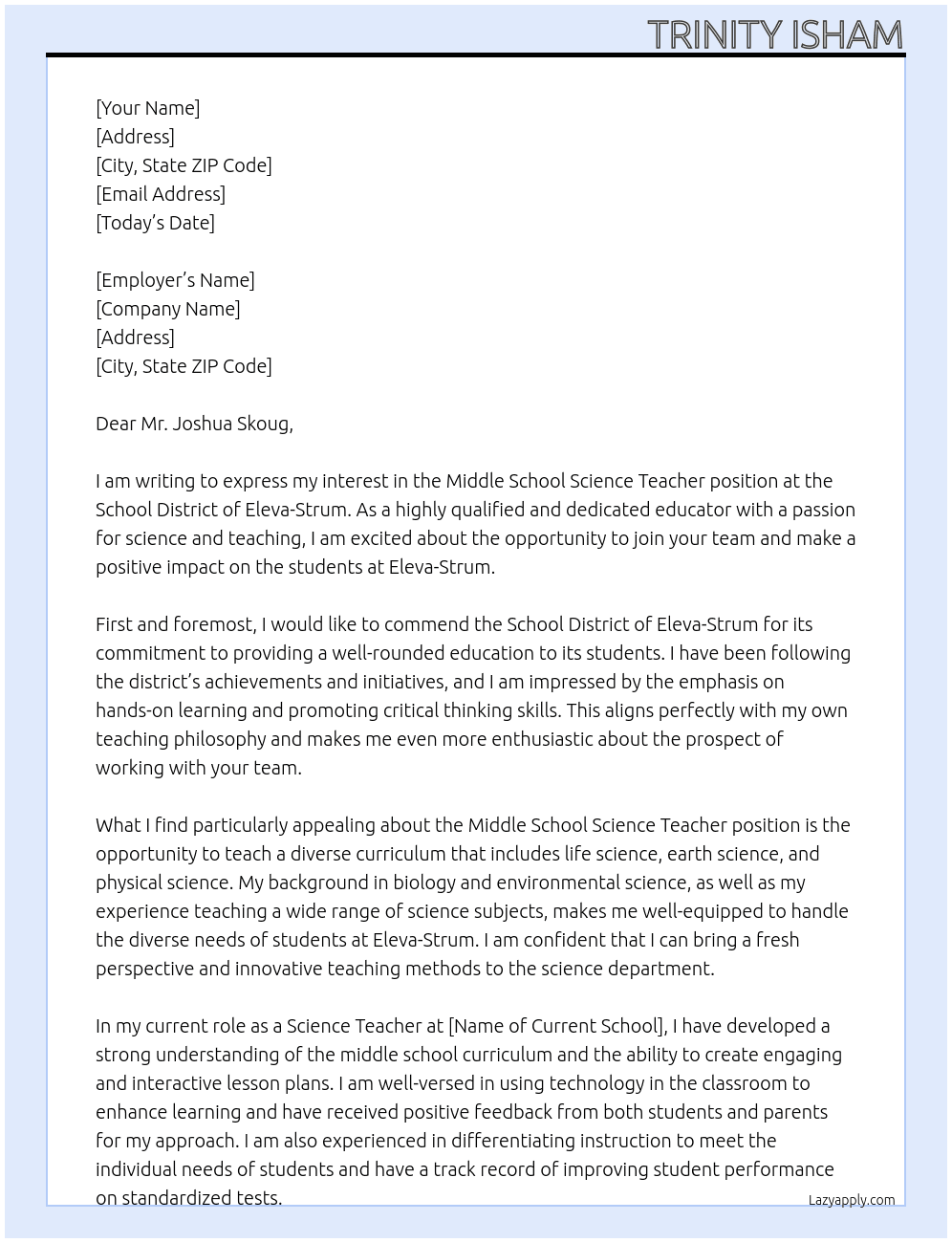 Middle School Science Teacher At School District of Eleva-Strum Cover Letter