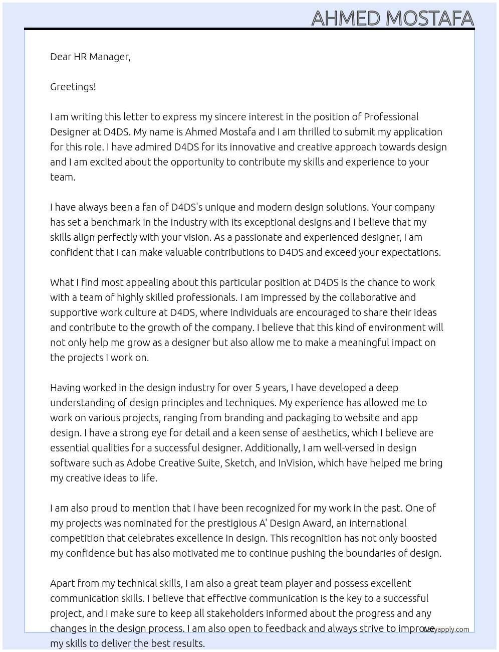 Professional Designer At D4DS Cover Letter