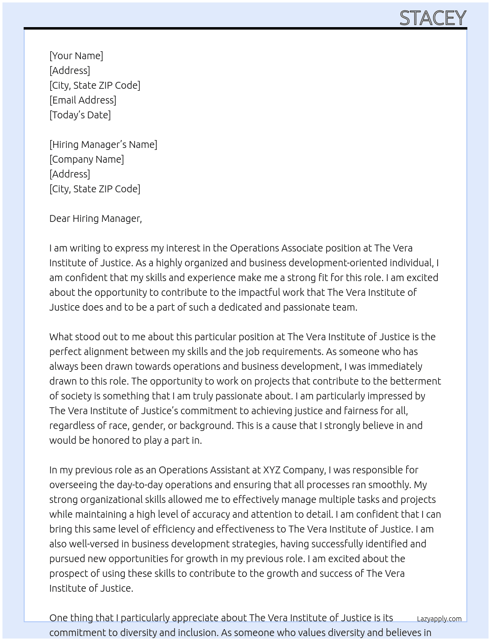 Operations Associate At The Vera Institute of Justice Cover Letter