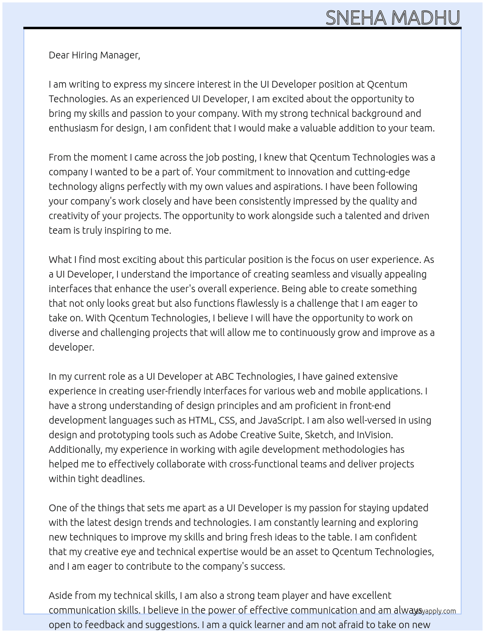 UI Developer At Qcentum Technologies Cover Letter