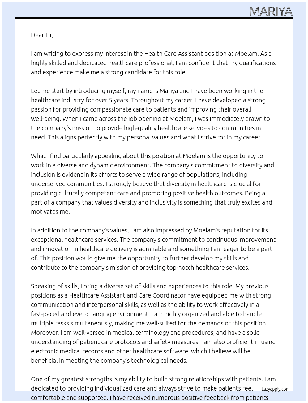 Health care assistant At Moelam Cover Letter