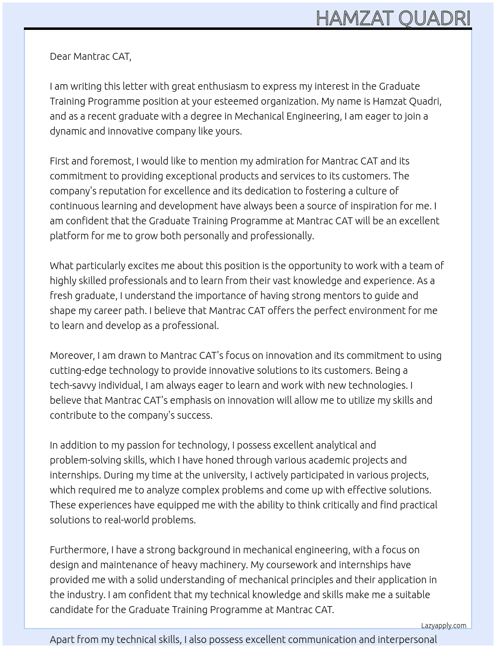 GRADUATE TRAINING PROGRAMME At MANTRAC CAT Cover Letter