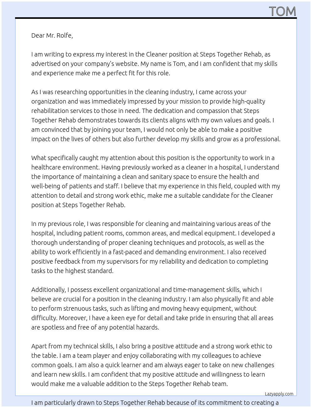 CLeaner At Steps Together Rehab Cover Letter