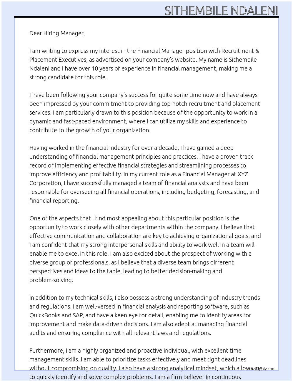 Financial Manager At Recruitment & Placement Executives Cover Letter