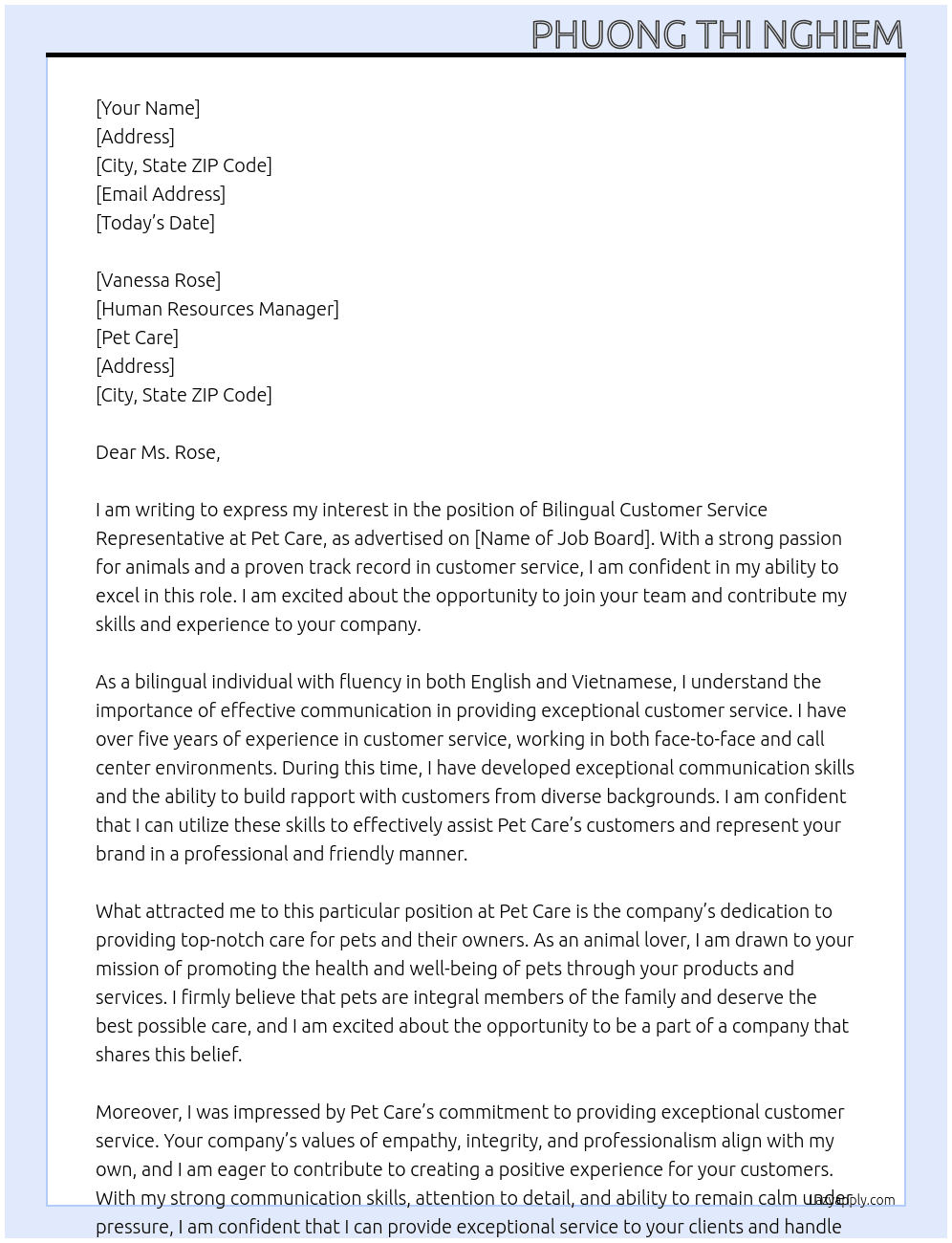 ilingual Customer Service Representative  At Pet care Cover Letter