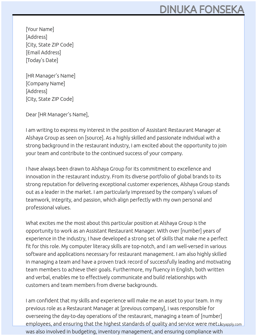 Assistant Restaurant Manager At Alshaya Goup Cover Letter