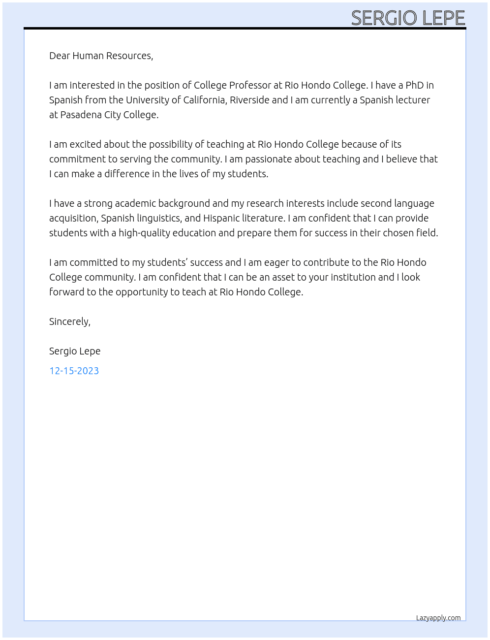College Professor At Rio Hondo College Cover Letter