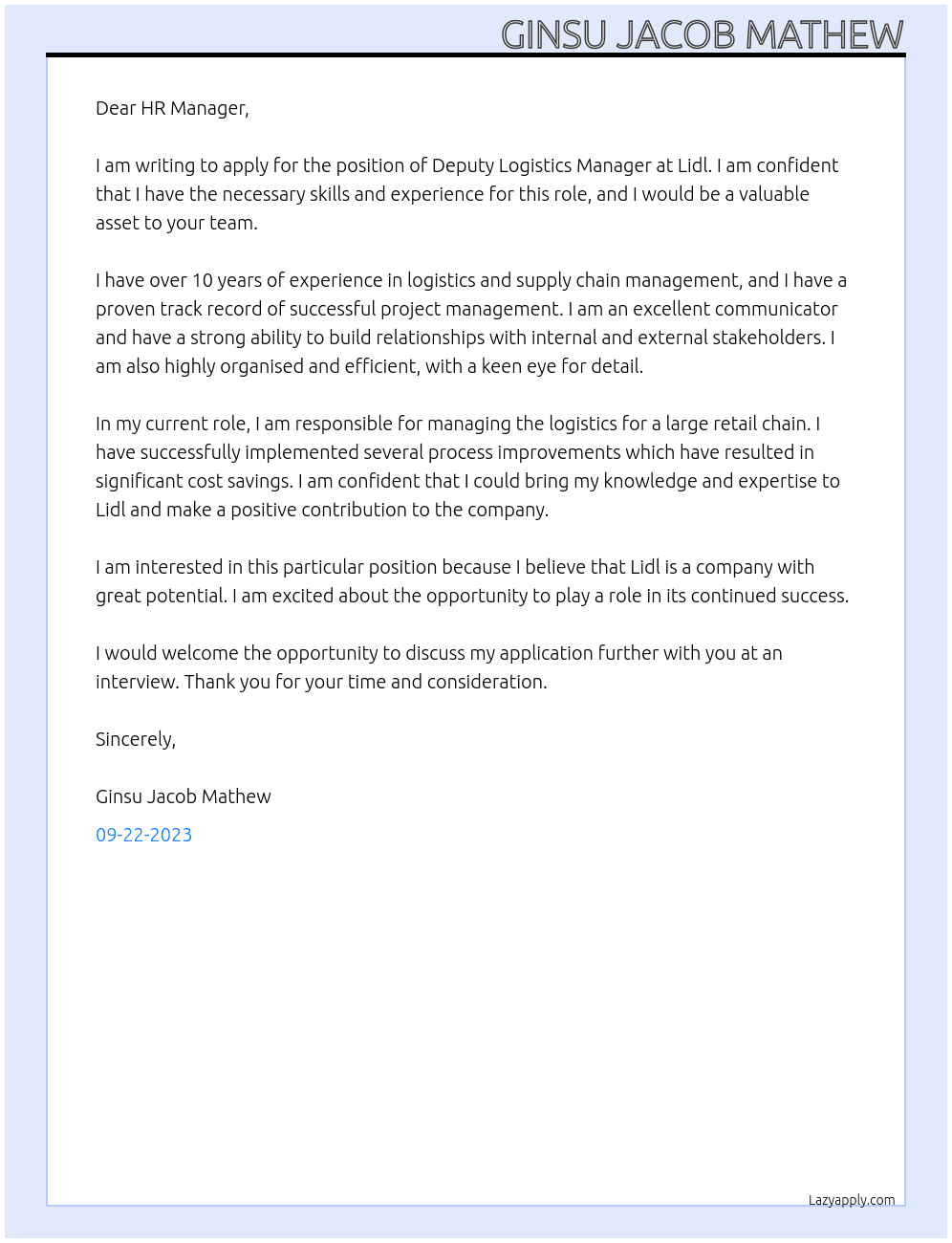 Deputy logistics manager  At Lidl Cover Letter