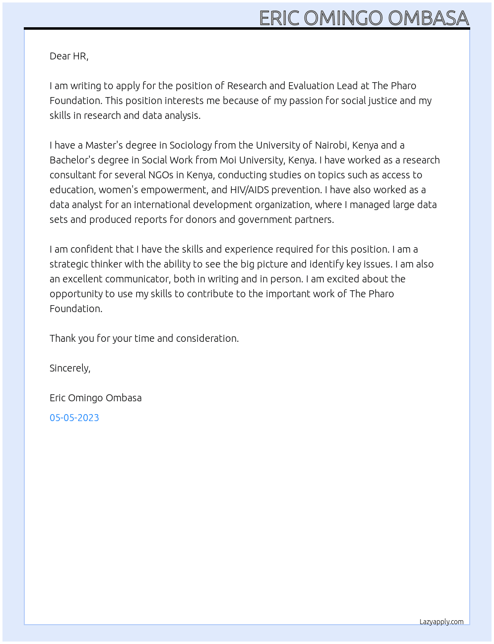 Research and Evaluation Lead At The Pharo Foundation Cover Letter